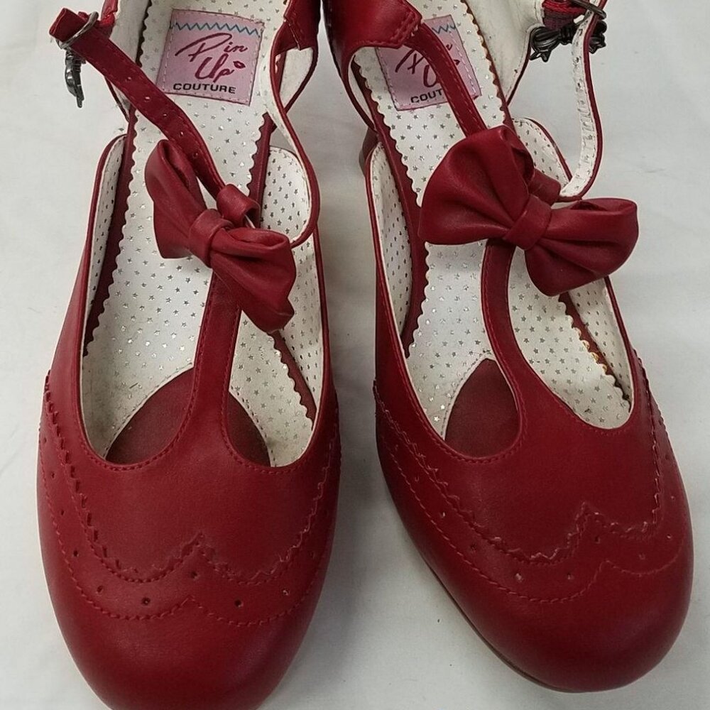 Women's Red pin-up heels with t-strap bow.